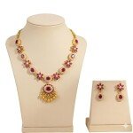 Gold-Toned Crystal Embellished Necklace and Earrings Jewellery Set, Floral Circular Design with Leaf Drops