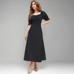 Shasmi Girl's & Women's Solid A-Line Ruched Puff Sleeve Maxi Long Evening One Piece Long Dress for Women Stylish