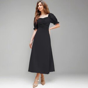 Shasmi Girl's & Women's Solid A-Line Ruched Puff Sleeve Maxi Long Evening One Piece Long Dress for Women Stylish