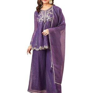 MOKOSH Women’s Silk Embroidered Peplum Kurta Sharara with Dupatta