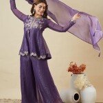MOKOSH Women’s Silk Embroidered Peplum Kurta Sharara with Dupatta