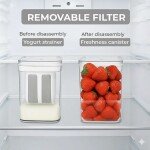 Click to see full view Transparent rectangular yogurt strainer with white lid and inner mesh filter insert, shown on a