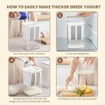 Click to see full view Transparent rectangular yogurt strainer with white lid and inner mesh filter insert, shown on a